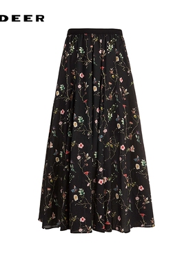 sdeer圣迪奥女装25年新品田园风松紧高腰印花A字伞裙S252Z1130