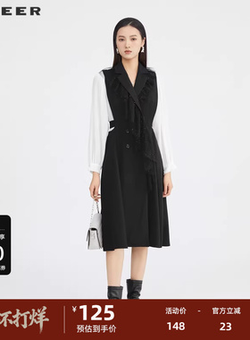 S·DEER圣迪奥女装西装领网纱撞色拼接长款风衣S223Z1821