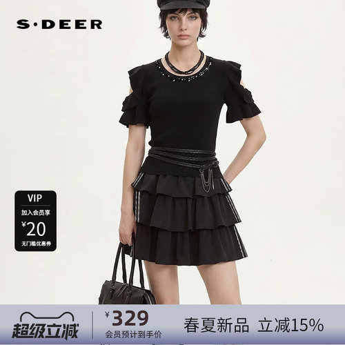 【预售】sdeer圣迪奥女装26年新品罗纹荷叶边短袖针织S262Z3530