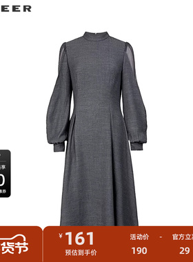 sdeer圣迪奥女装圆领网纱泡泡袖拼接连衣裙S223Z126B