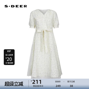 sdeer圣迪奥女装 连衣裙S232Z12L9 V领碎花收腰网纱短袖