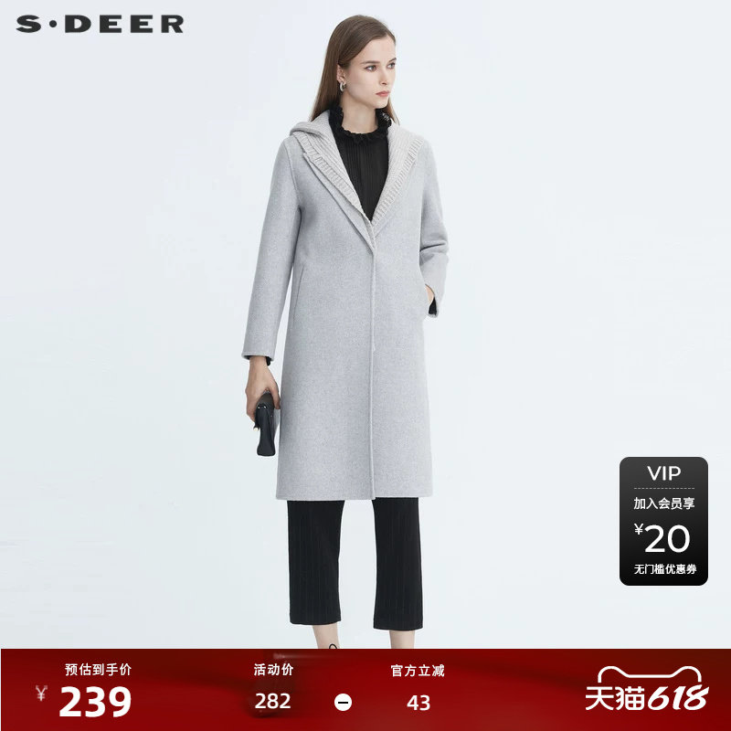 sdeer圣迪奥女装个性连帽针织拼接中长款毛呢大衣S20481822