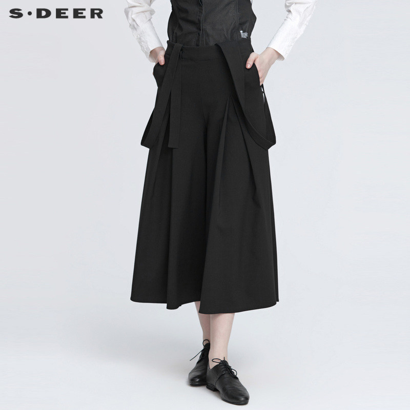 sdeer圣迪奥女装秋时尚压褶黑色背带阔腿长裤S22180814