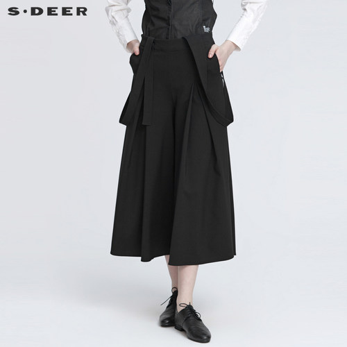 s.deer时尚压褶黑色背带阔腿长裤