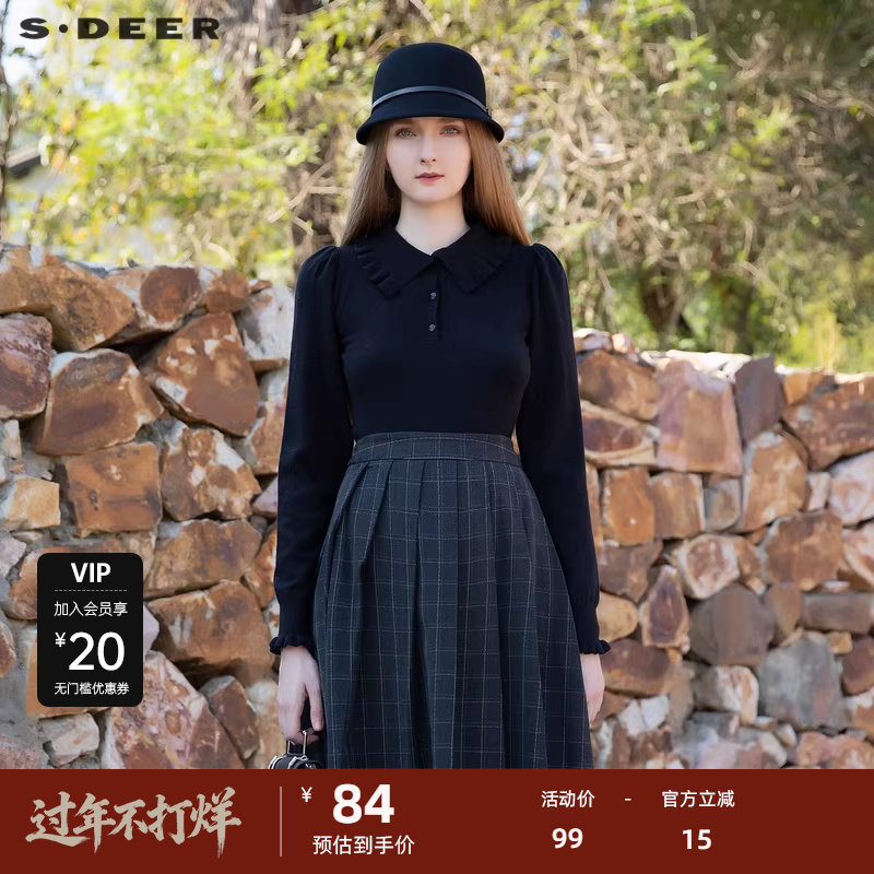 【秒杀】sdeer圣迪奥女装复古甜美翻领抽褶黑色针织衫S2146