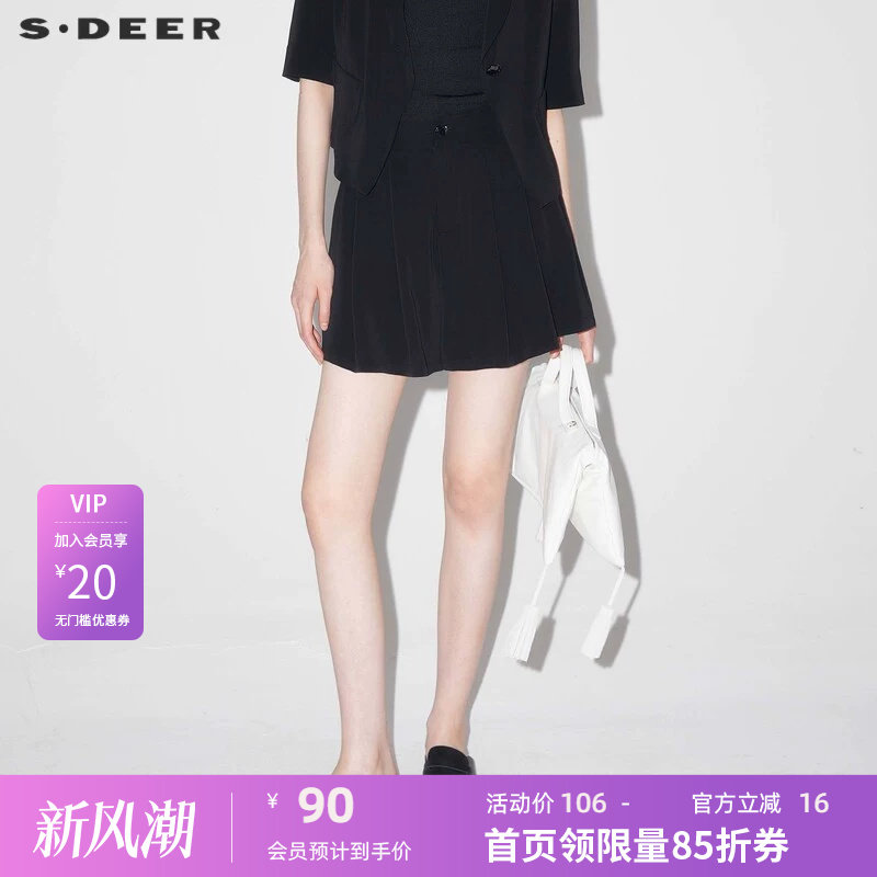 sdeer圣迪奥女装OL风复古高腰压褶插袋A字短裤S24260903