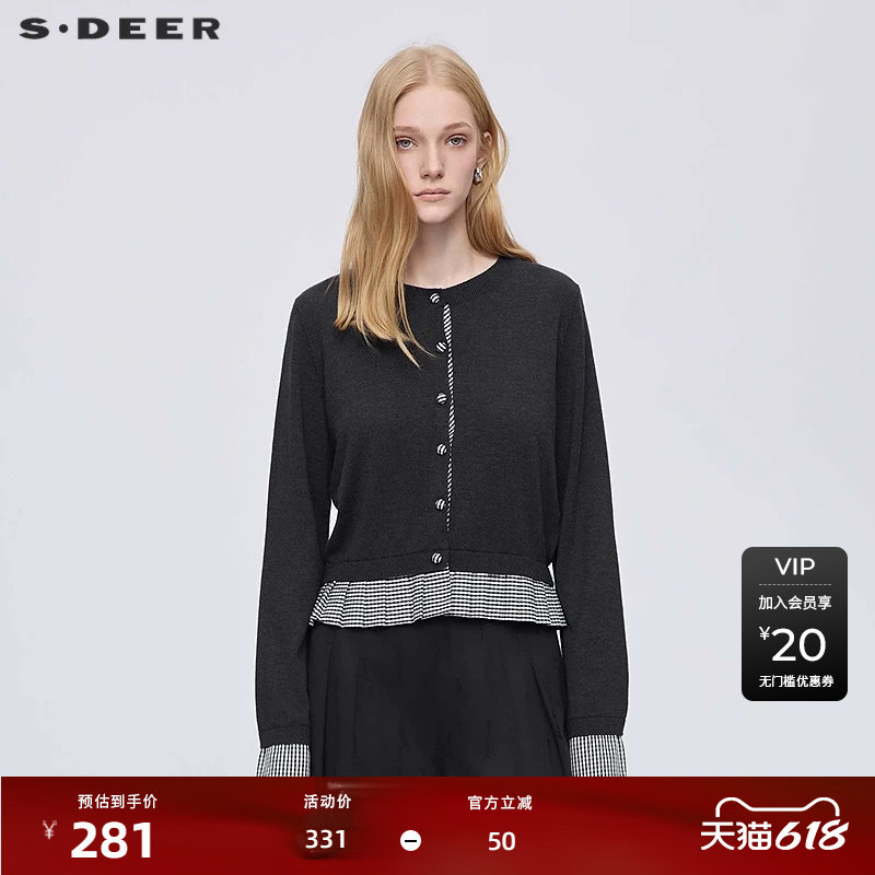 sdeer圣迪奥女装25年新品罗纹圆领撞色格纹不规则针织衫S253Z3540