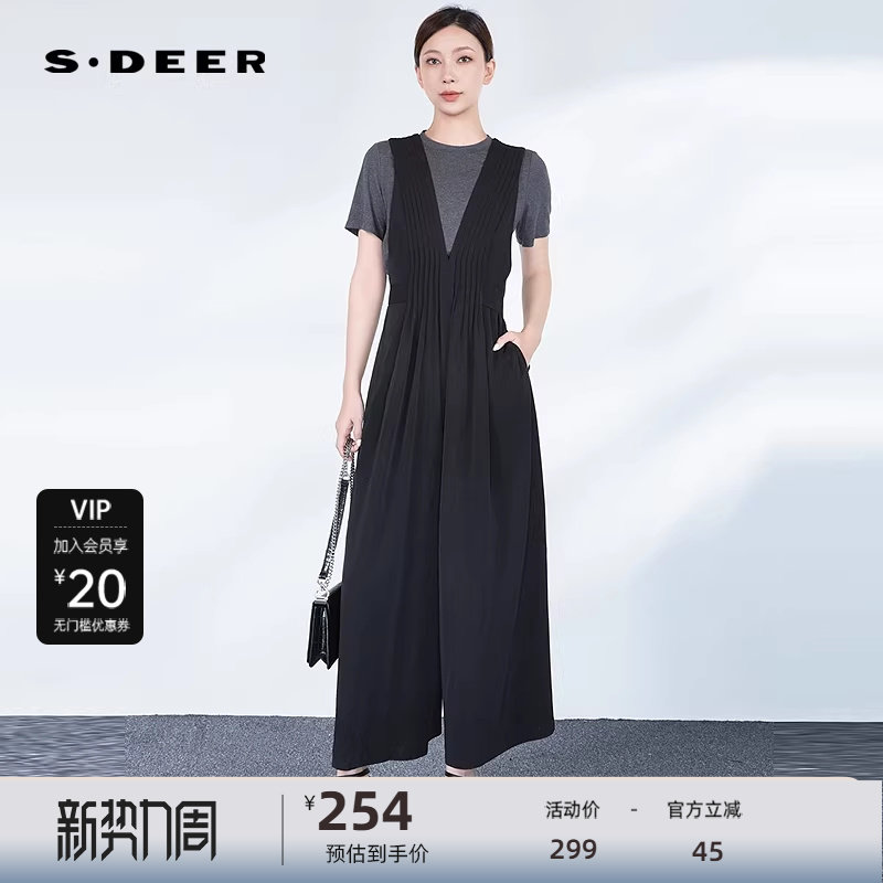 sdeer圣迪奥女装复古风琴褶收腰背带阔腿长裤S242Z1001