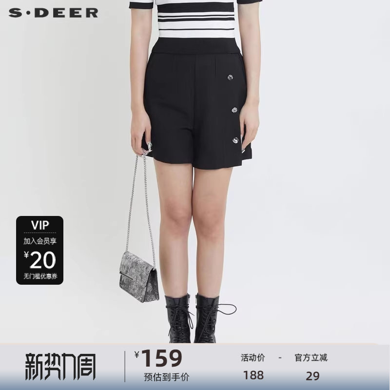 sdeer圣迪奥女装复古高腰压褶插袋拼接A字短裤S2428090