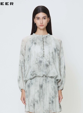 sdeer圣迪奥女装田园风套装圆领压褶水墨晕染衬衫S242Z0502