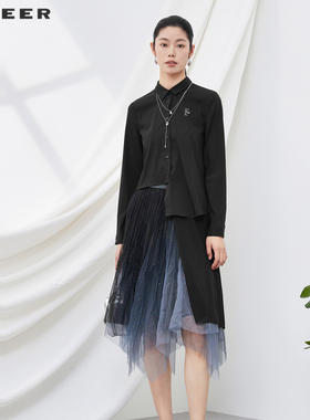 【秒杀】S·DEER圣迪奥女装秋翻领网纱拼接字母长款衬衫S201Z0508