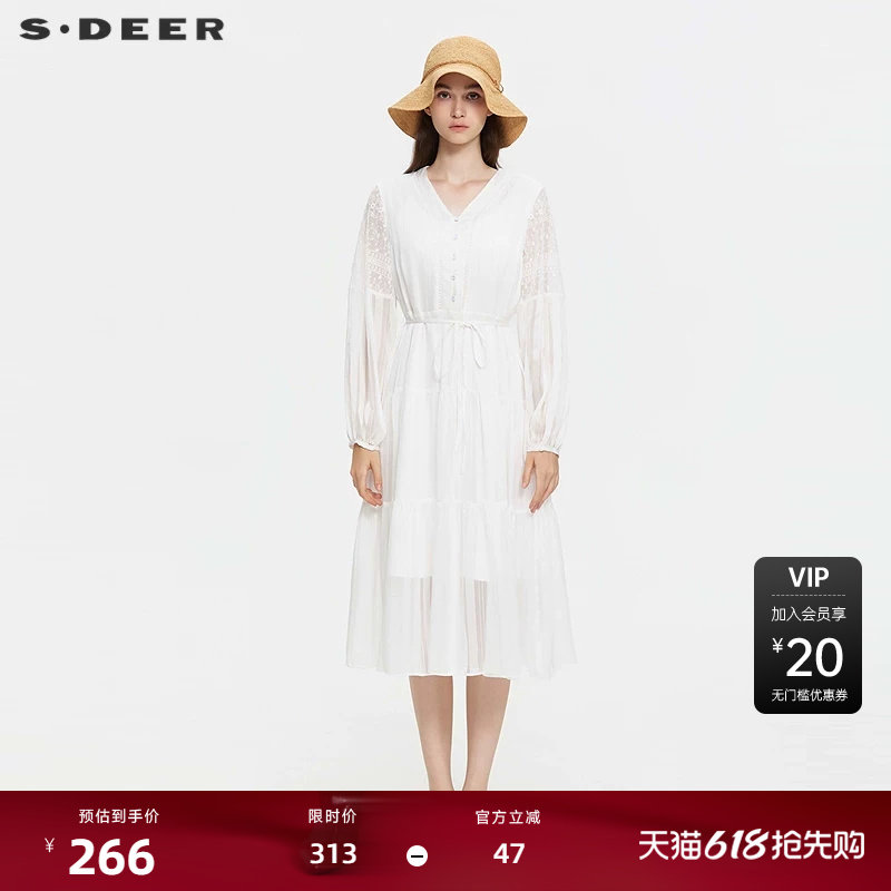 sdeer圣迪奥女装25年新品田园风V领收腰绣花长袖连衣裙S25