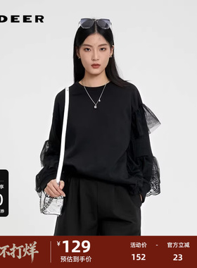 sdeer圣迪奥女装圆领蕾丝网纱拼接长袖T恤S231Z0212