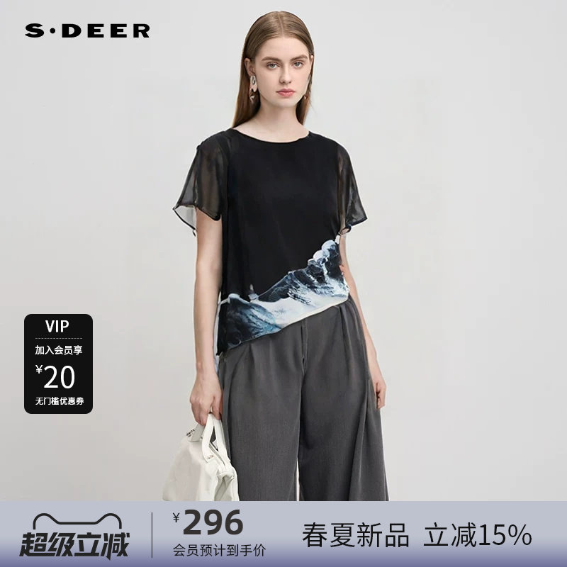 sdeer圣迪奥女装圆领水墨晕染雪纺不规则拼接衬衫S24280428