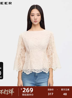 sdeer圣迪奥女装25新品复古圆领镂空绣花喇叭袖上衣S253Z3205