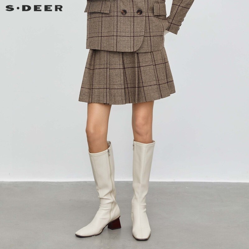 sdeer圣迪奥女装学院风套装格纹百褶毛呢短裙S23461304