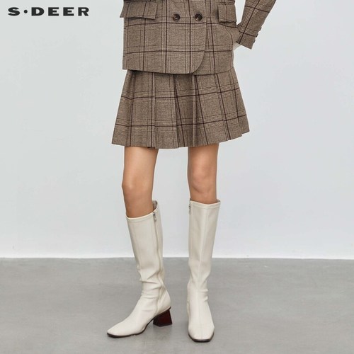 s.deer格纹百褶毛呢短裙半身裙