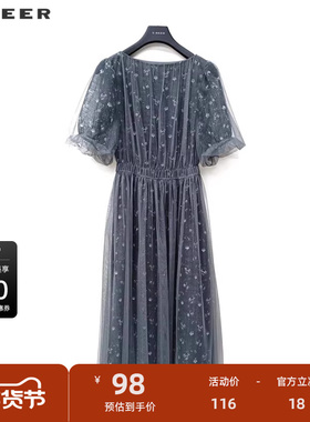 sdeer圣迪奥女装圆领碎花网纱松紧泡泡袖连衣裙S223Z122C