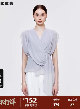 sdeer圣迪奥女装V领系带不规则拼接无袖衬衫S223Z0604