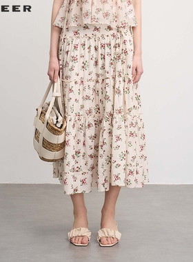 sdeer圣迪奥25年新品女装田园风高腰系带碎花不规则长裙S252Z1104