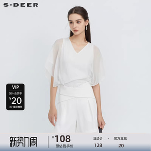 sdeer圣迪奥女装 T恤S223Z0115 V领雪纺拼接不规则短袖