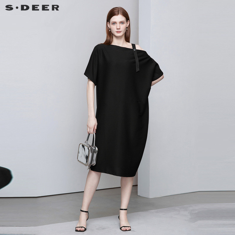 sdeer圣迪奥女装不对称露肩肌理短袖连衣裙S222Z125L
