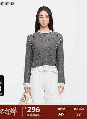 sdeer圣迪奥女装25年新品罗纹圆领撞色钉珠宽松针织衫S253Z3508