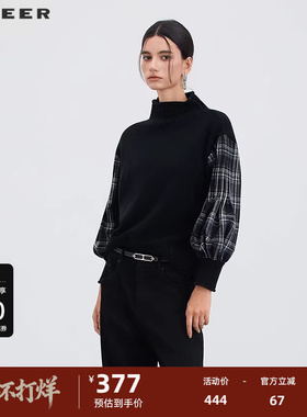 sdeer圣迪奥女装25年新品罗纹圆领撞色格纹灯笼袖针织衫S253Z3531