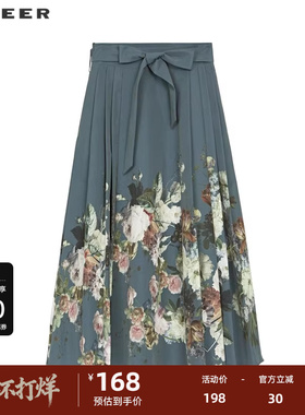 sdeer圣迪秋季复古休闲系带印花百褶A字伞裙S233Z1132