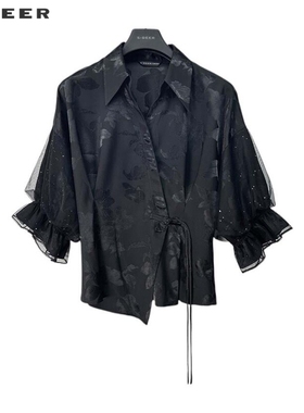 【上新】sdeer圣迪奥女装翻领印花网纱盘扣新中式衬衫S242Z0421