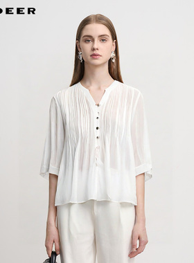sdeer圣迪奥女装25年新品田园风V领肌理褶皱不规则上衣S252Z3219