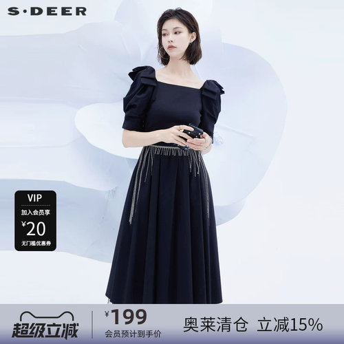 方领连衣裙 泡泡袖 网纱收腰