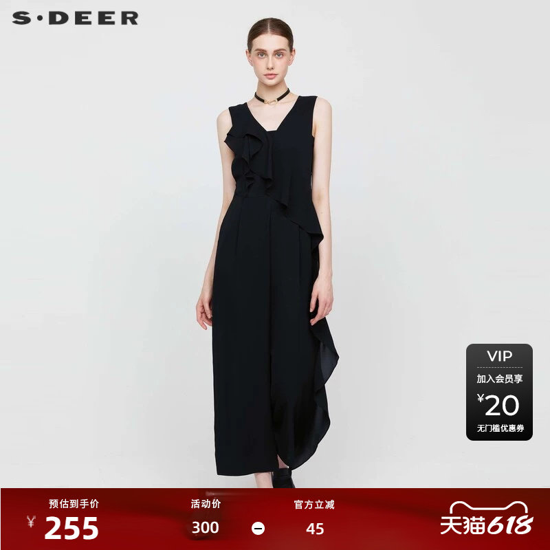 sdeer圣迪奥女装V领荷叶边拼接阔腿背带裤S232Z1002