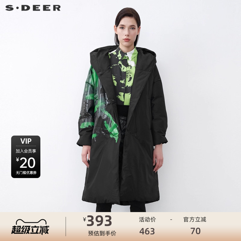 【反季清仓】sdeer圣迪奥连帽撞色胶印长款黑色羽绒服S21482495