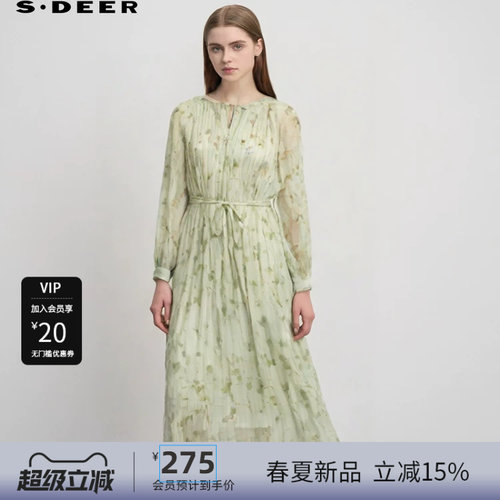 s.deer圆领风琴褶收腰印花连衣裙