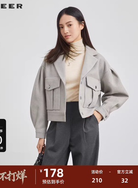 sdeer圣迪奥女装秋西装领宽松毛呢工装短款外套S223Z2601
