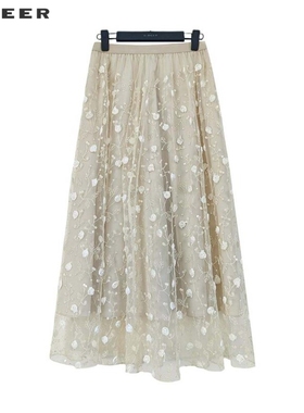 sdeer圣迪奥女装田园风松紧复古绣花A字长裙S242Z1104