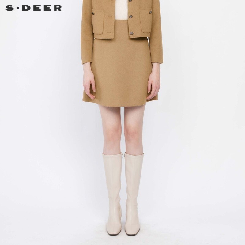sdeer圣迪奥女装通勤风套装复古A字毛呢短裙S234Z1301