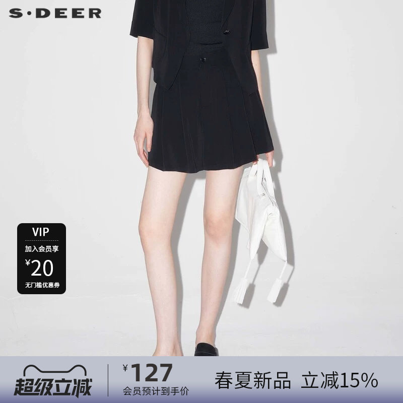 sdeer圣迪奥女装OL风复古高腰压褶插袋A字短裤S24260903