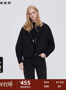 sdeer圣迪奥女装25年新品OL风西装领抽褶双面呢短款外套S254Z2603