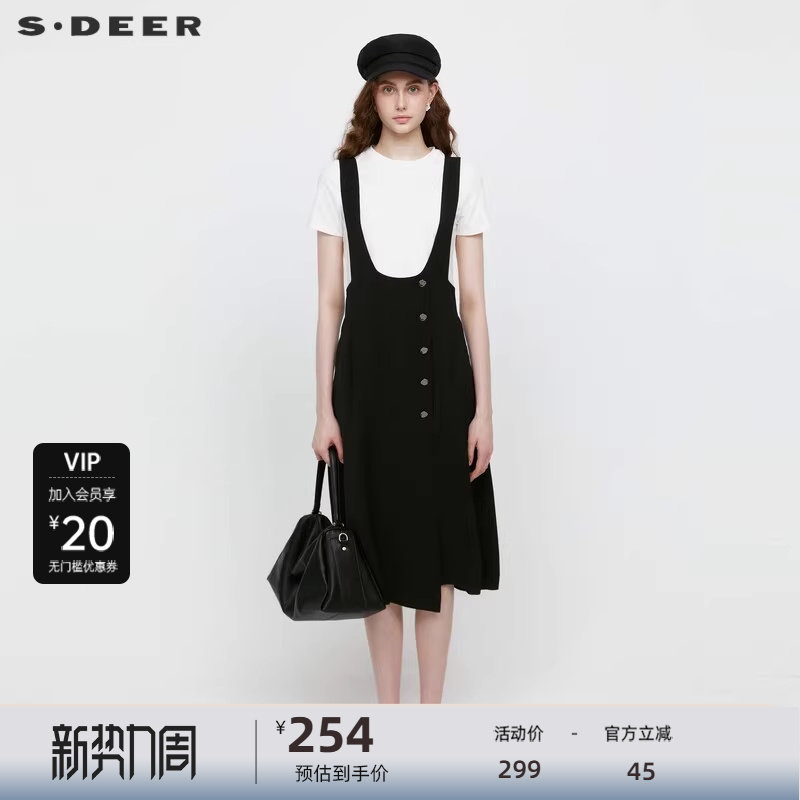 sdeer圣迪奥女装通勤复古压褶拼接黑色背带裙S242Z2901