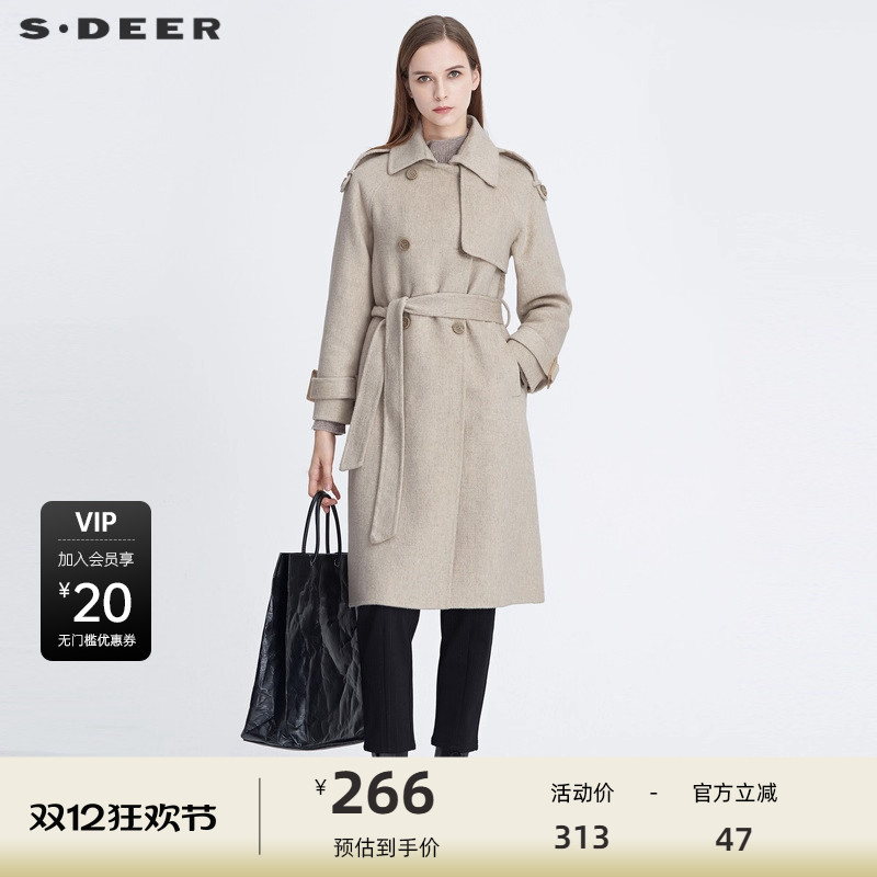 sdeer圣迪奥女装休闲翻领双排扣收腰毛呢大衣S20481842