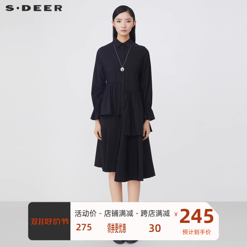 sdeer圣迪奥衬衫连衣裙翻领抽绳拼接不规则连衣裙秋冬S21461227