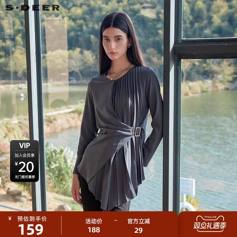 sdeer圣迪奥女装秋OL风圆领风琴褶收腰雪纺衬衫S241605