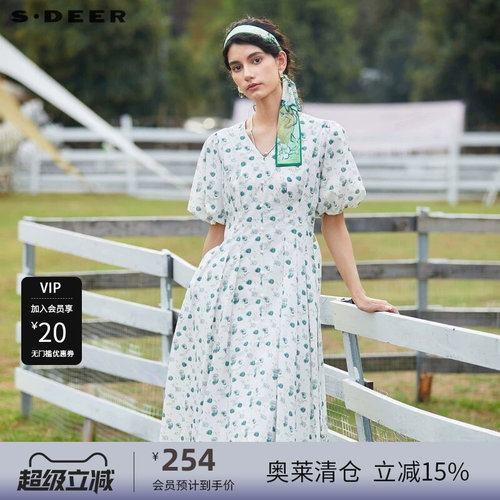 s.deer田园风碎花泡泡袖连衣裙