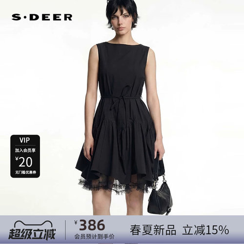 sdeer圣迪奥女装26年新品圆领收腰网纱抽褶无袖连衣裙S262Z1219