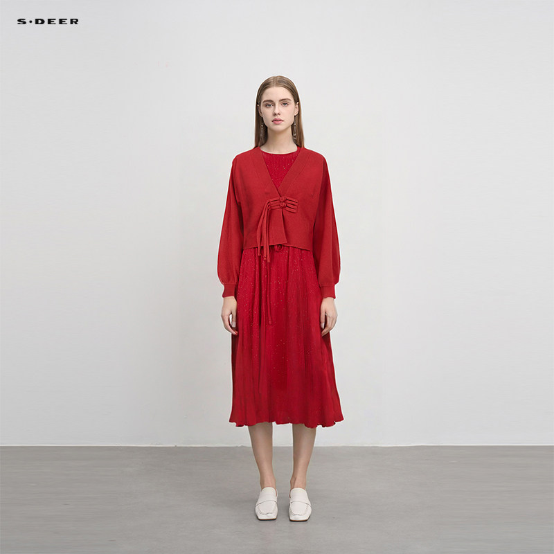 sdeer圣迪奥女装V领收腰新中式针织衫连衣裙套装S234Z14
