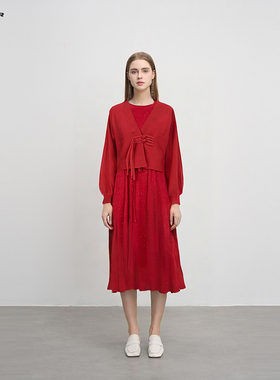 sdeer圣迪奥女装V领收腰新中式针织衫连衣裙套装S234Z1422