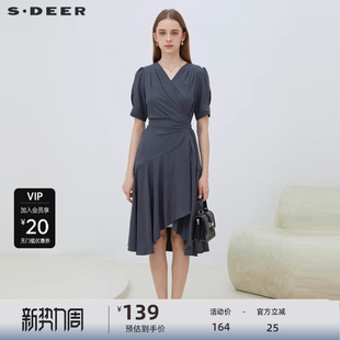 sdeer圣迪奥女装 秋OL风V领收腰拼接不规则连衣裙S223Z121B