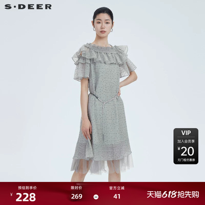 sdeer圣迪奥女装木耳边圆领波点网纱收腰连衣裙S222Z12D8